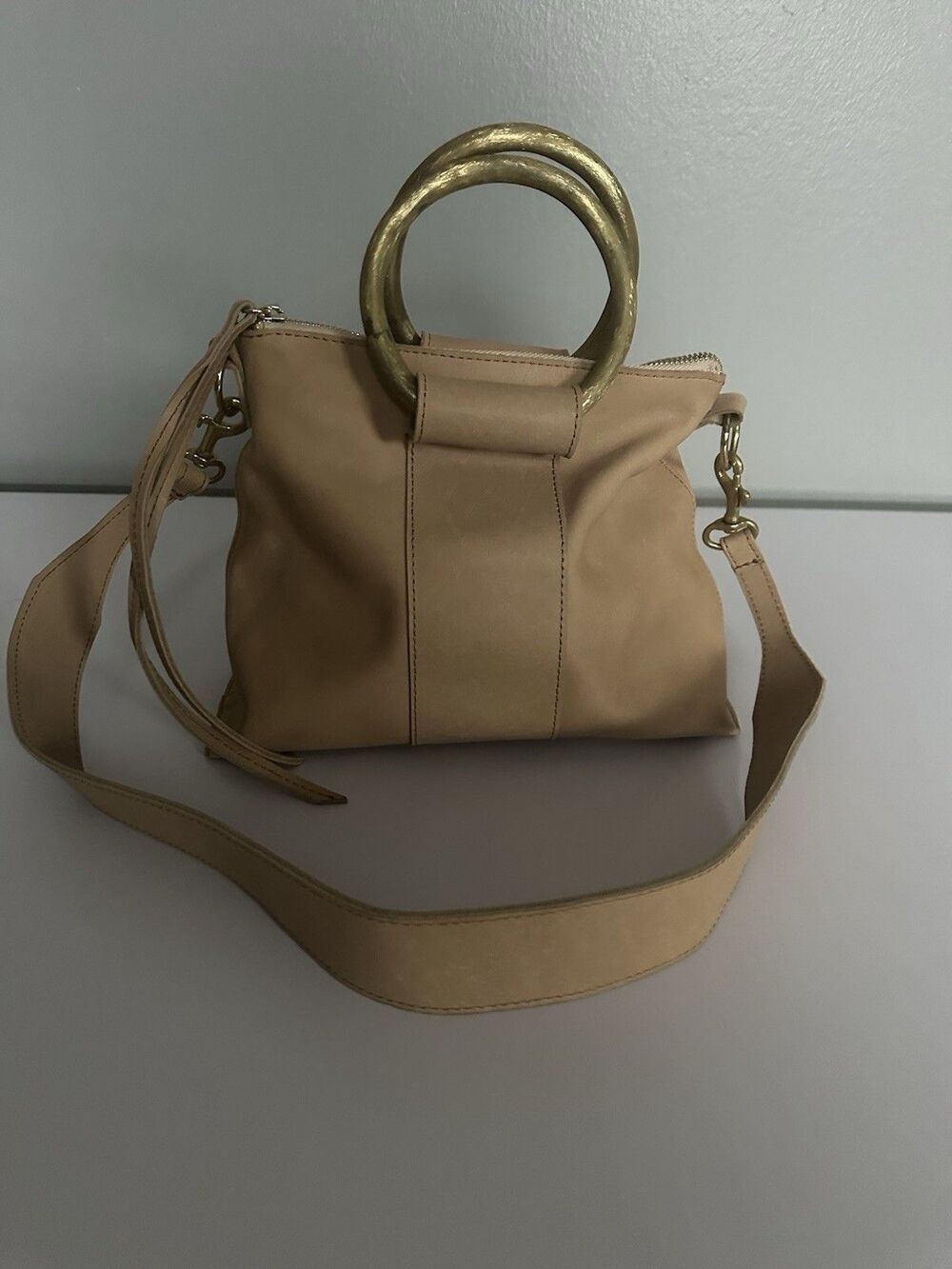 Raven + Lily Tan Leather Shoulder Bag Gold Top Handle Handbag Designer purse EUC
